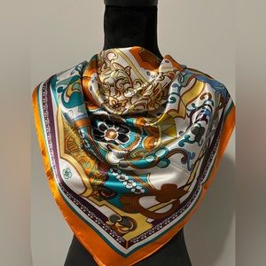 Silk scarf. Flower printed elegant square scarf. Can also be used as headscarf.